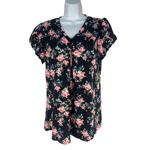 Bette Boutik Womens Black Floral Short Sleeve Blouse Size Medium Pink Flowers